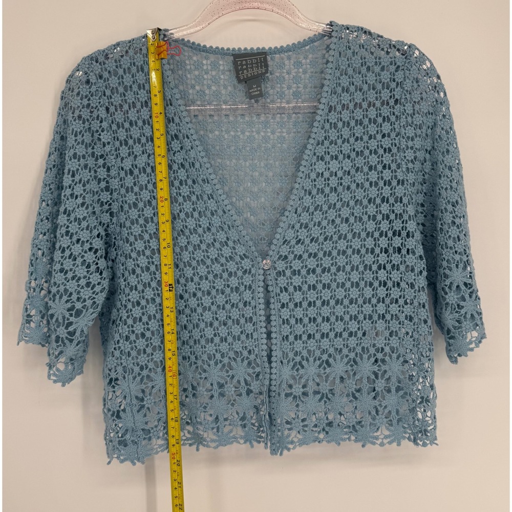 Rabbit Rabbit Rabbit Designs Blue Crochet Cotton Cardigan Sweater Sz M - Picture 2 of 9